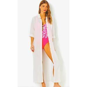 Lilly Pulitzer Natalie Linen Maxi Cover Up White Resort Swim Dress M NWT